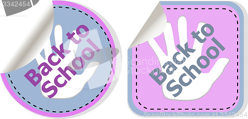 Image of Back to school text on label tag stickers set isolated on white, education concept