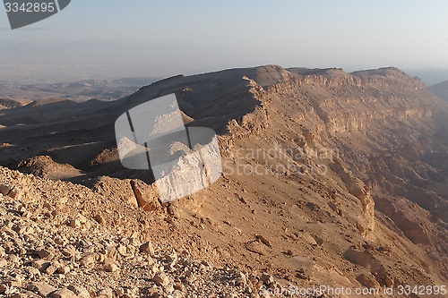 Image of Rim of desert canyon at sunset (Small Crater, or Makhtesh Katan, Negev desert, Israel)