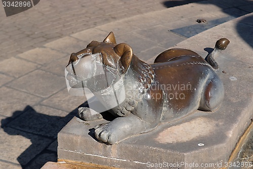 Image of Bronze lion statue near the fountain in Jerusalem, Israel