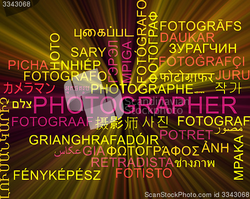 Image of Photographer multilanguage wordcloud background concept glowing