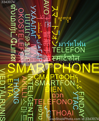 Image of Smartphone multilanguage wordcloud background concept glowing