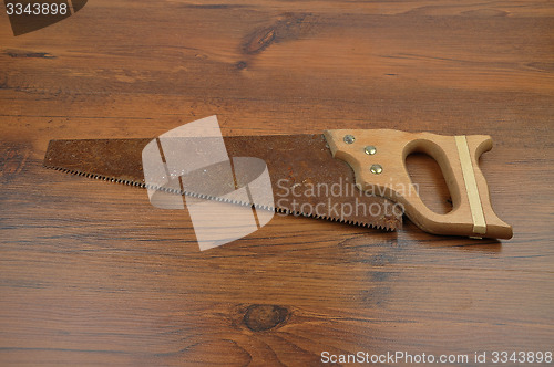 Image of Hand saw on wood