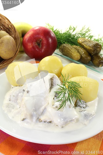 Image of cream marinated herring with cucumbers