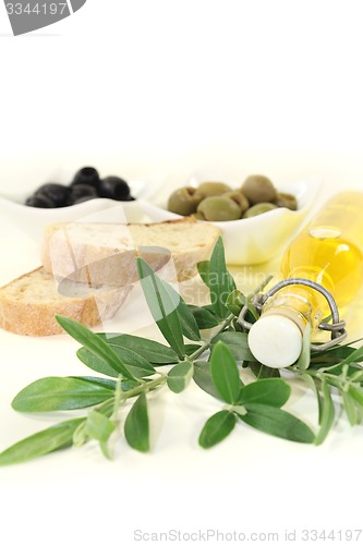 Image of Bottle of olive oil with olives