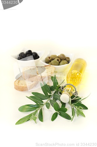 Image of Bottle of olive oil with olives and branch