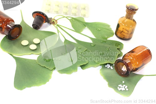 Image of Ginkgo leaf with pharmacist bottle