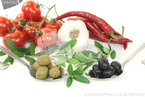 Image of green and black olives with olive twig