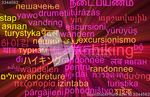Image of Hiking multilanguage wordcloud background concept glowing