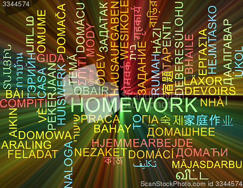 Image of Homework multilanguage wordcloud background concept glowing