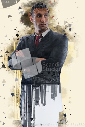 Image of Double exposure with low poly design of businessman and city