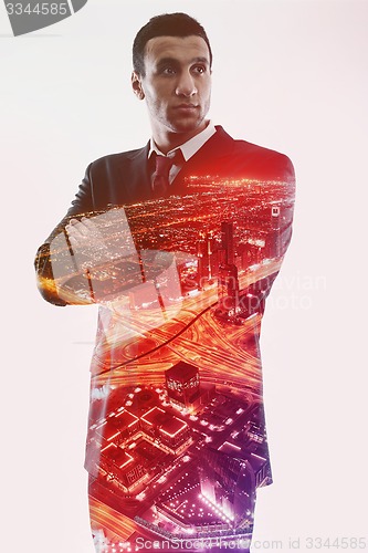 Image of Double exposure of businessman and city