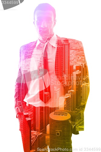 Image of Double exposure of businessman and city