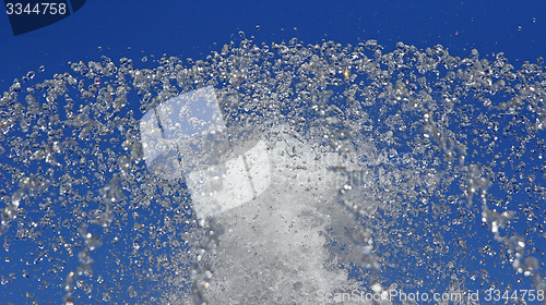 Image of Fountain drops of pure water against a blue sky.