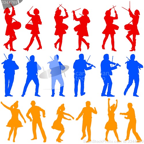 Image of Color silhouettes of beautiful mans and womans. Drummer, violini
