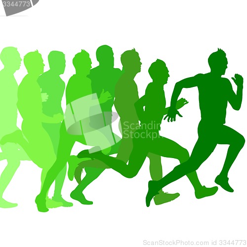 Image of Set of green silhouettes. Runners on sprint, men. illustr