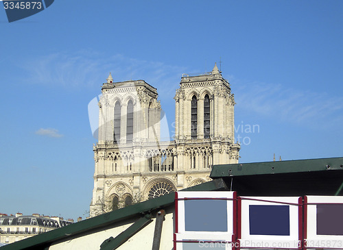 Image of Paris France view of Notre Dame from left bank River Seine kiosk