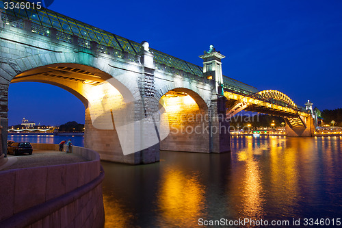 Image of night landscape with covered bridge Andreevsky, Moscow, Russia