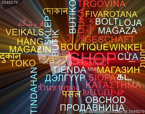 Image of Shop multilanguage wordcloud background concept glowing