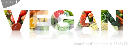 Image of vegan word of fruits and vegetables background