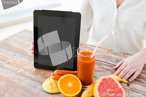 Image of close up of woman hands with juice and fruits