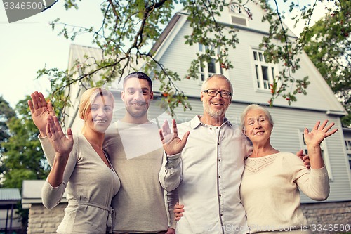 Image of happy family in front of house outdoors