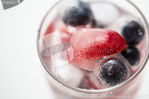 Image of close up of fruit water with ice cubes in glass