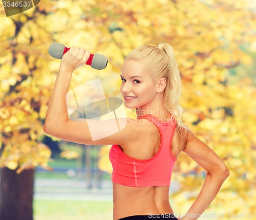 Image of young sporty woman with light dumbbell