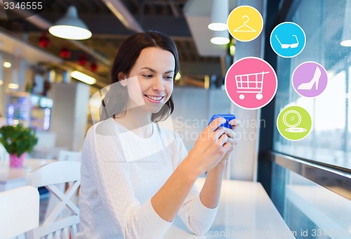 Image of smiling woman with smartphone shopping online