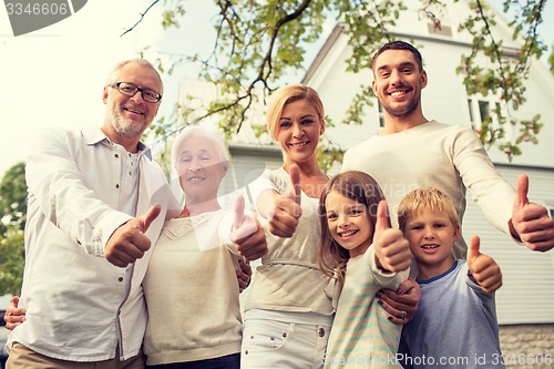 Image of happy family in front of house outdoors