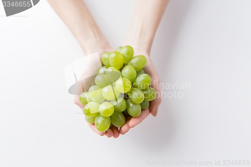 Image of close up of woman hands holding green grape bunch