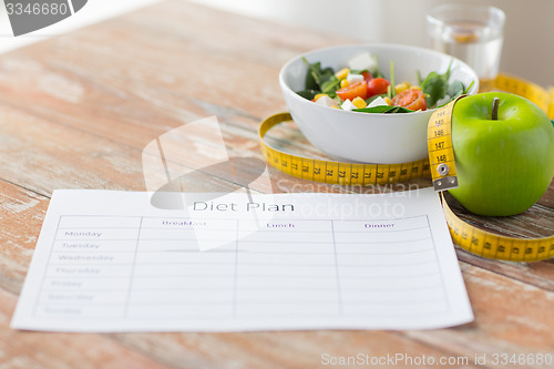 Image of close up of diet plan and food on table