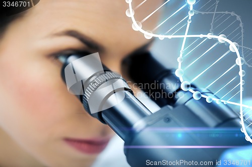 Image of close up of scientist looking to microscope in lab