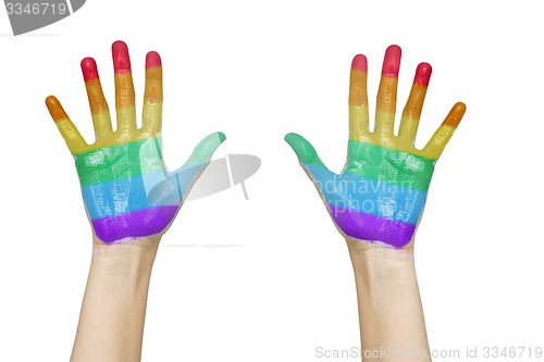 Image of palms of human hands painted in rainbow colours