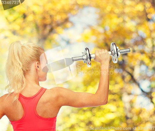 Image of sporty woman with heavy steel dumbbell from back