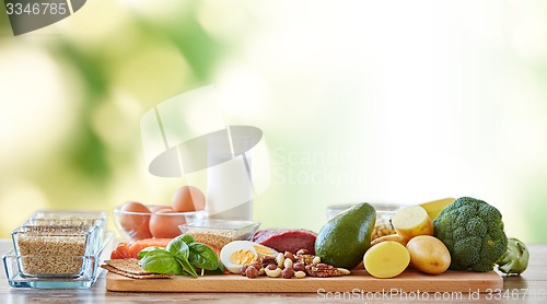 Image of close up of different natural food items on table