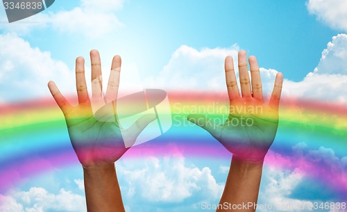 Image of palms of human hands over rainbow in blue sky