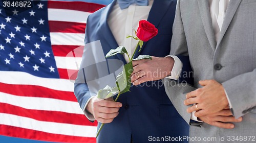 Image of close up of happy male gay couple holding hands