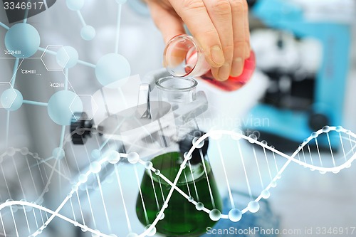 Image of close up of scientist filling test tubes in lab