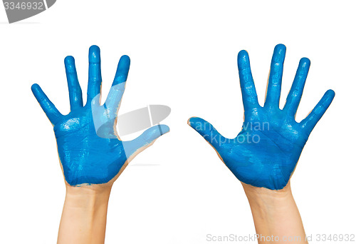 Image of human hands painted with blue color