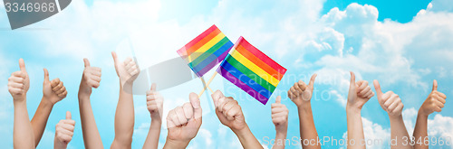 Image of hands showing thumbs up and holding rainbow flags