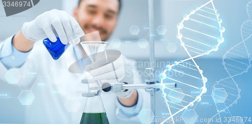 Image of close up of scientist with test tubes and funnel