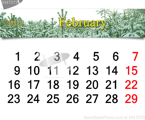 Image of calendar for  February 2016 with winter landscape