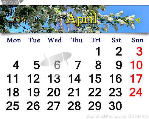 Image of calendar for April 2016 with bird cherry tree