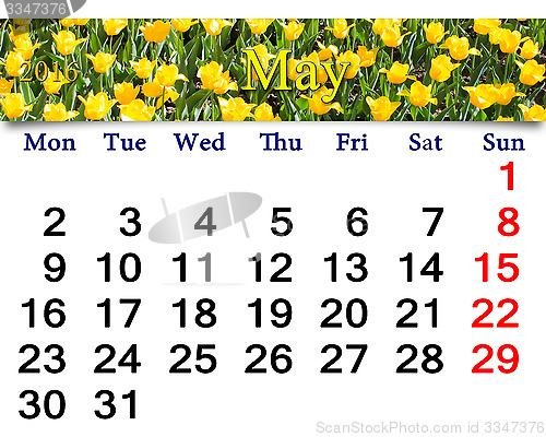 Image of calendar for May 2016 with yellow tulips