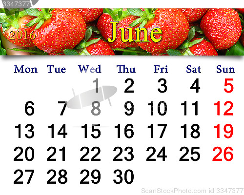 Image of calendar for June 2016 with strawberry