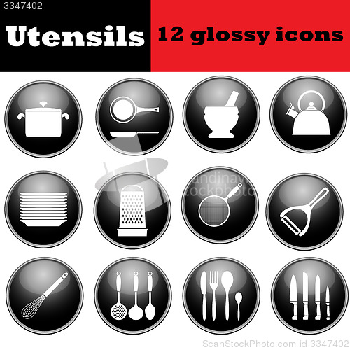 Image of Set kitchen utensil glossy iconsSet kitchen utensil glossy icons