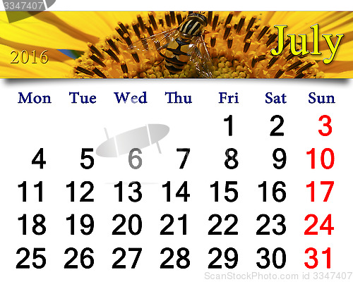 Image of calendar for July 2016 with yellow fly on the sunflower