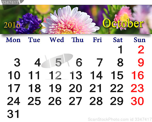 Image of calendar for October 2016 with the pink asters