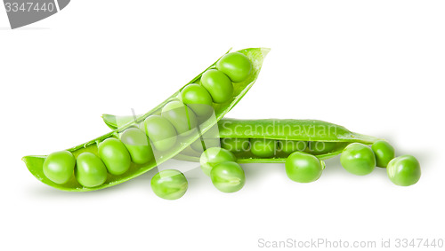 Image of Two disclosed pea pods and peas