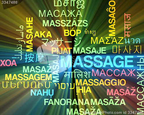 Image of Massage multilanguage wordcloud background concept glowing